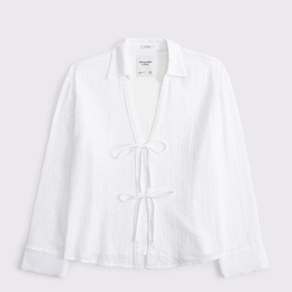 Abercrombie & Fitch Long Sleeve Oversized Tie Front Gauzy Shirt - Picture 6 of 6